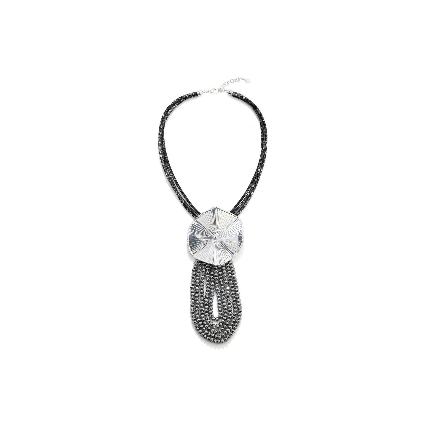 Silver Lilypad on Black Cord with Sparkly Bead Tassle Adjustable Length Necklace from Frinkle